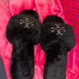 Tory Burch Black Fur Jeweled Slide/Sandal Size 8 with Original box!
